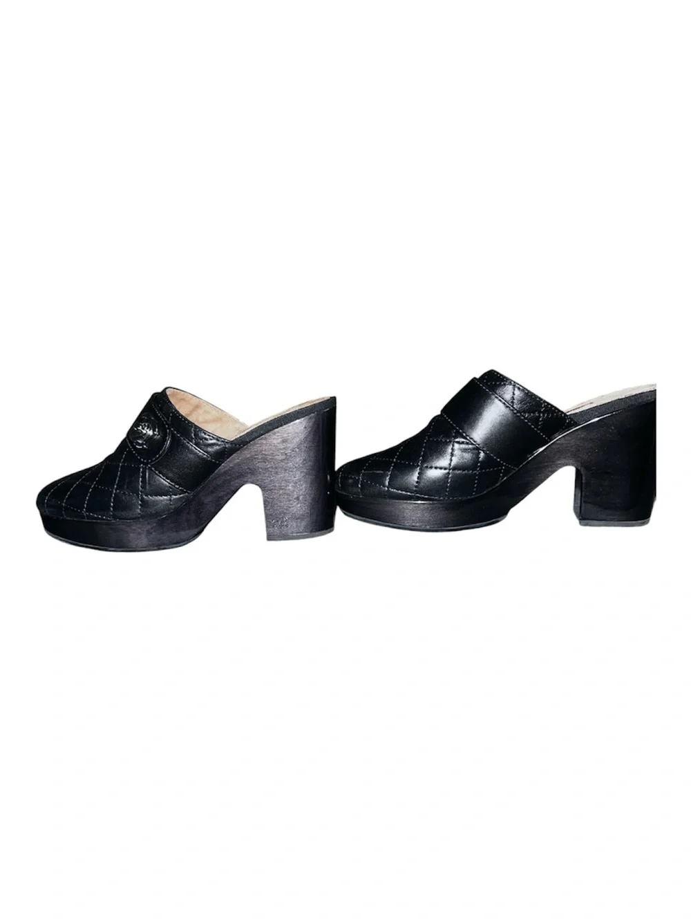 CHANEL Black Quilted Leather Clog Heels with Silver CC size 40